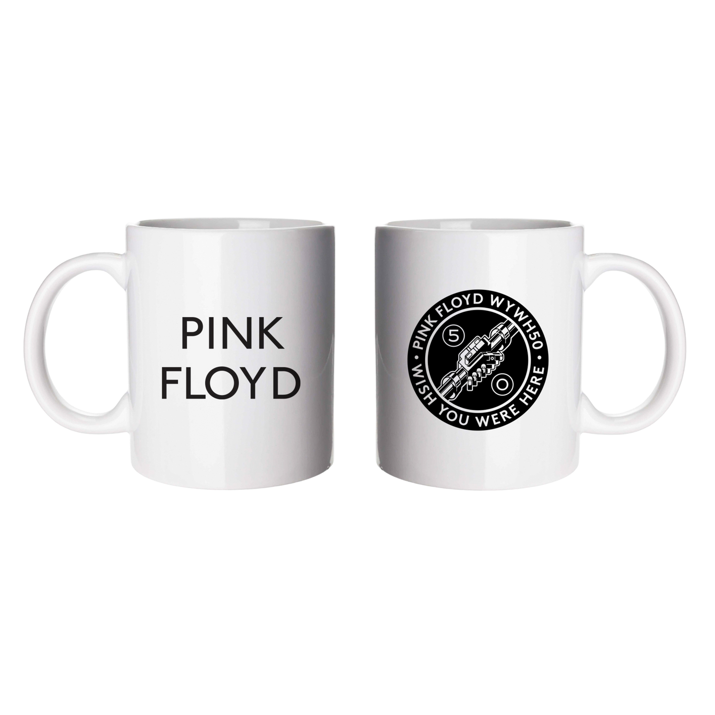 Two white mugs with Pink Floyd branding on a white background