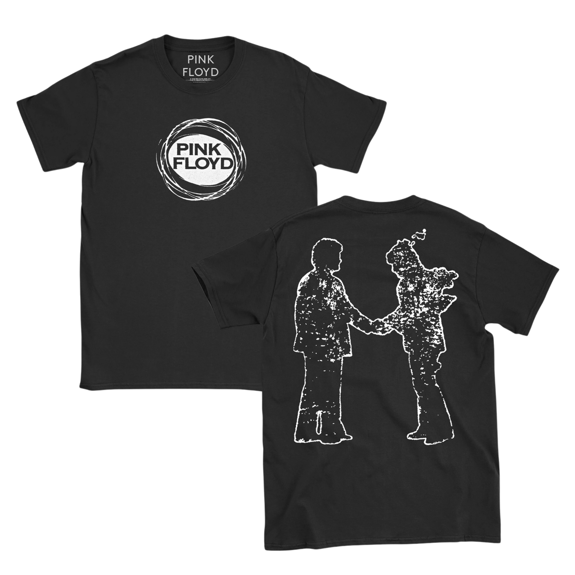 Black t-shirt with Pink Floyd logo on front and graphic design on back