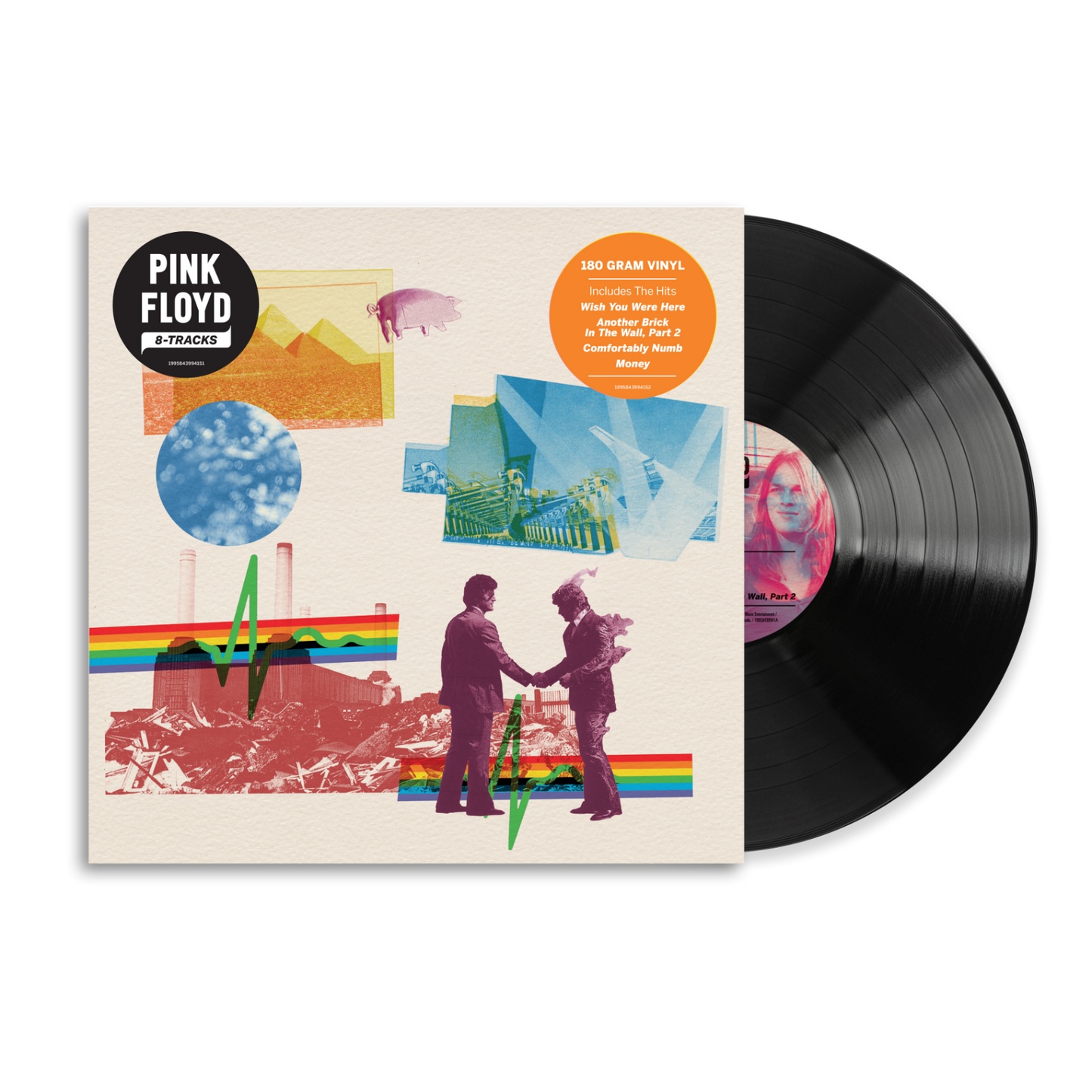 Vinyl record with a colorful cover featuring two figures shaking hands and a rainbow, with 'Pink Floyd' branding.