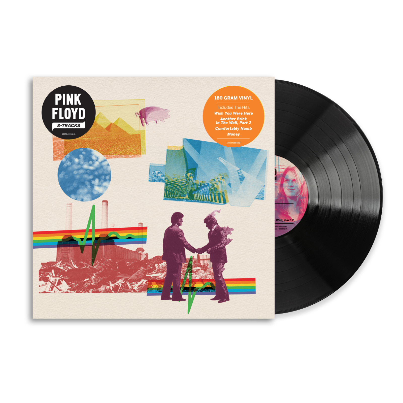 Vinyl record with a colorful cover featuring two figures shaking hands and a rainbow, with 'Pink Floyd' branding.