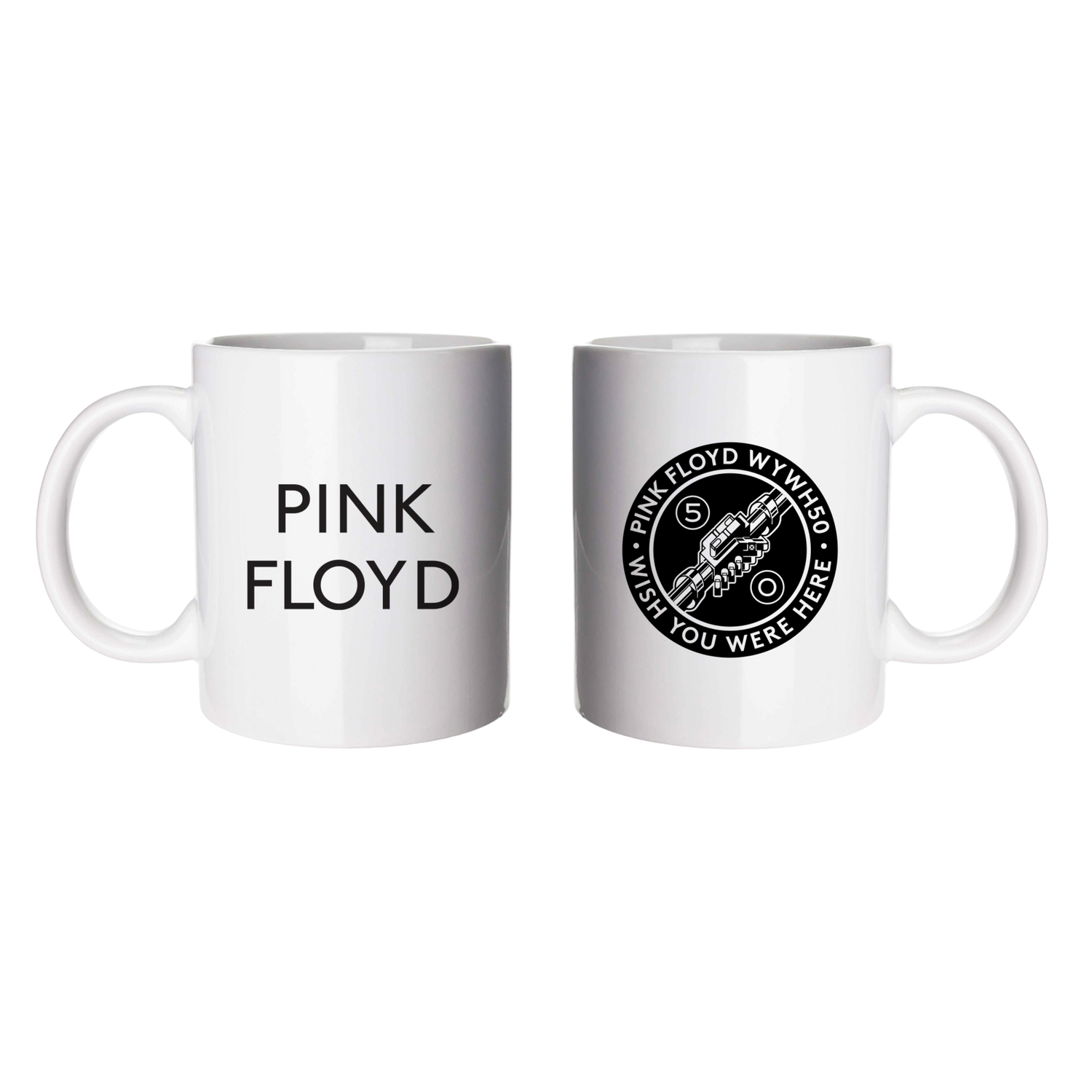 Two white mugs with Pink Floyd branding on a white background