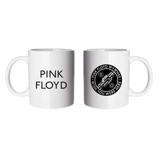 Two white mugs with Pink Floyd branding on a white background