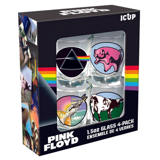 Pink Floyd glass set packaging with four glasses featuring band logos.
